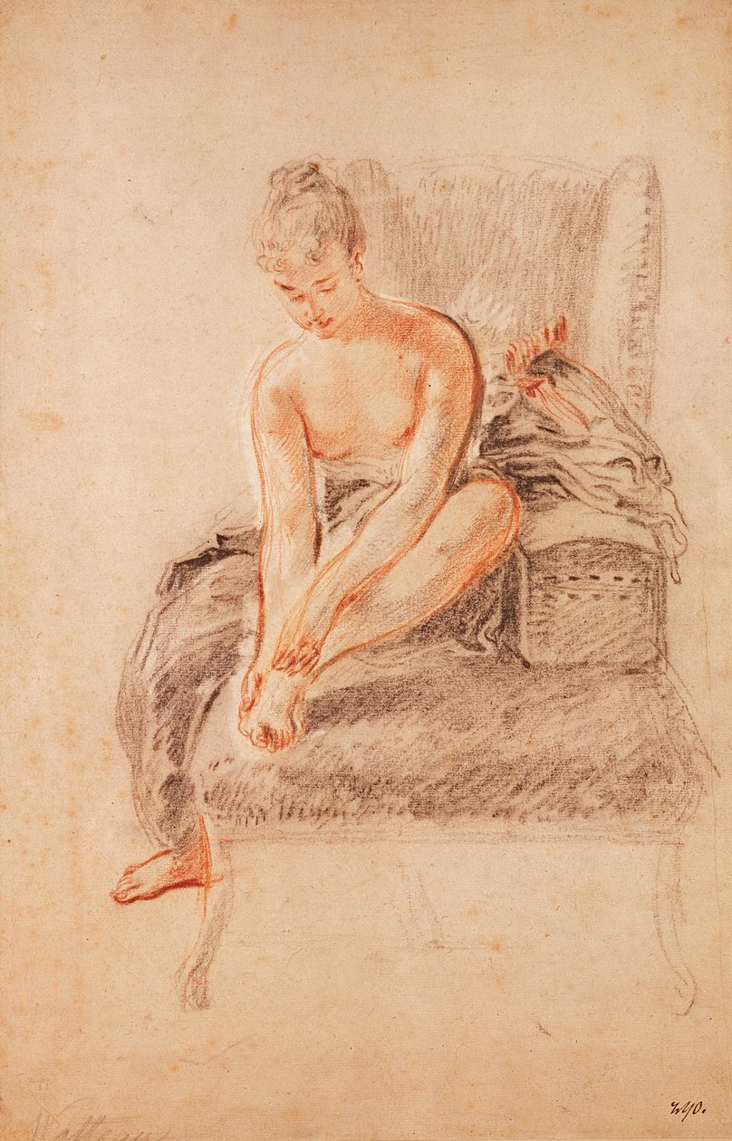 Donna semi-nuda seduta su una chaise longue, che tiene il piede da Jean Antoine Watteau