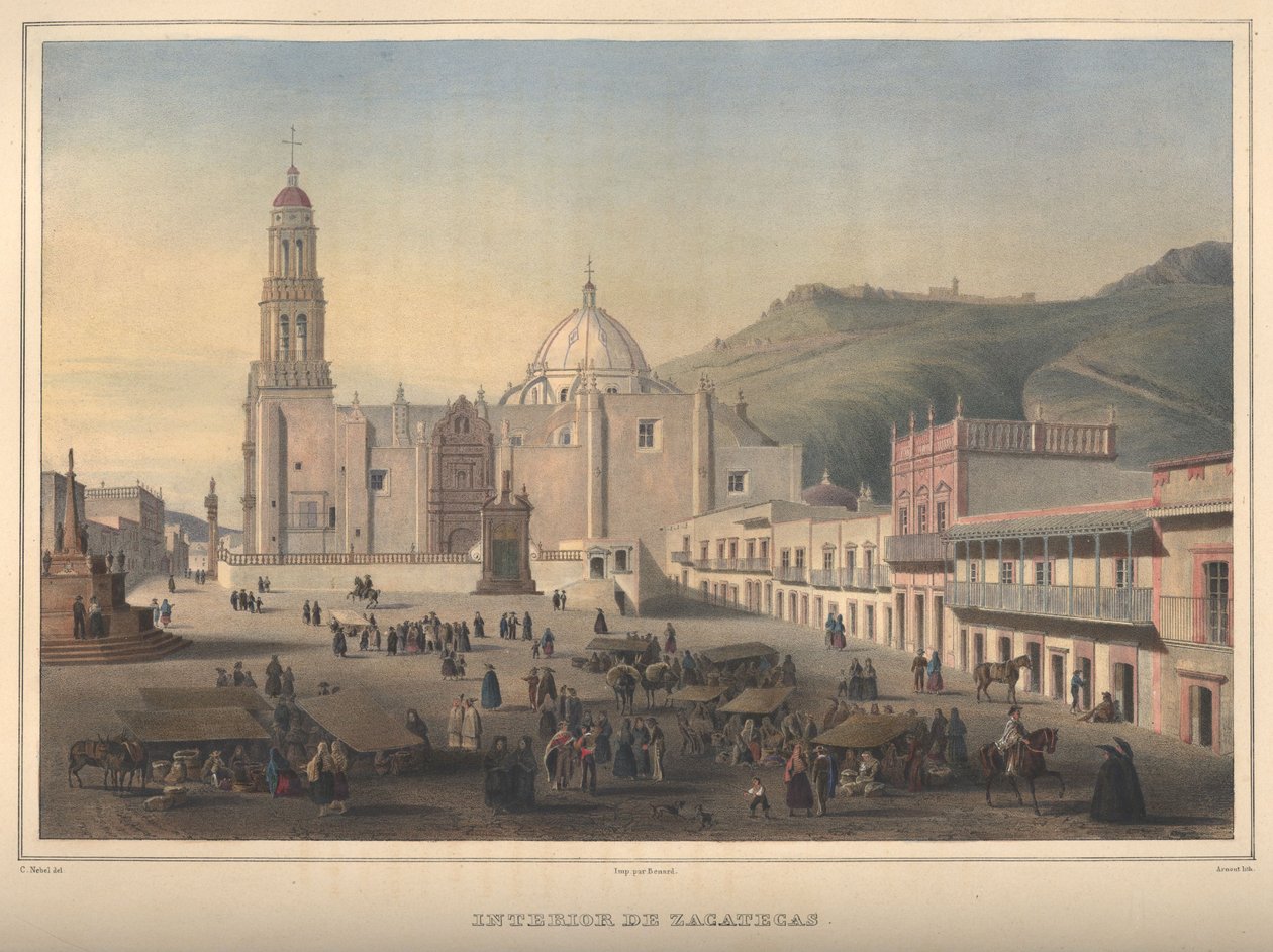 Interno di Zacatecas, veduta di Zacatecas, Zacatecas. Litografia colorata a mano evidenziata con gomma arabica. da Jean Baptiste Arnout