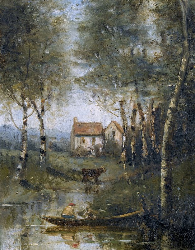 Il fiume in barca e la casa da Jean-Baptiste-Camille Corot