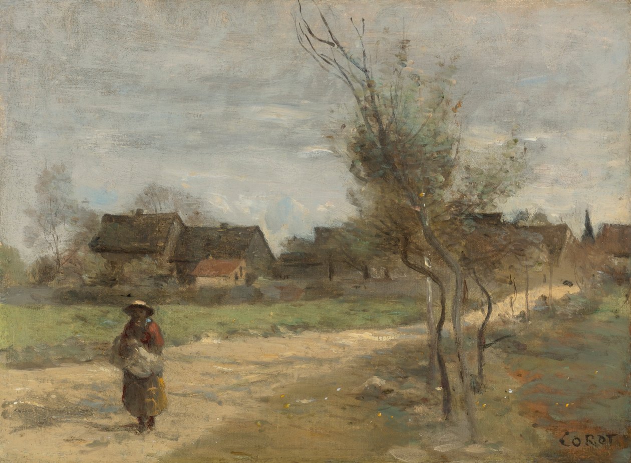 Contadina su una strada con vista su un villaggio da Jean Baptiste Camille Corot