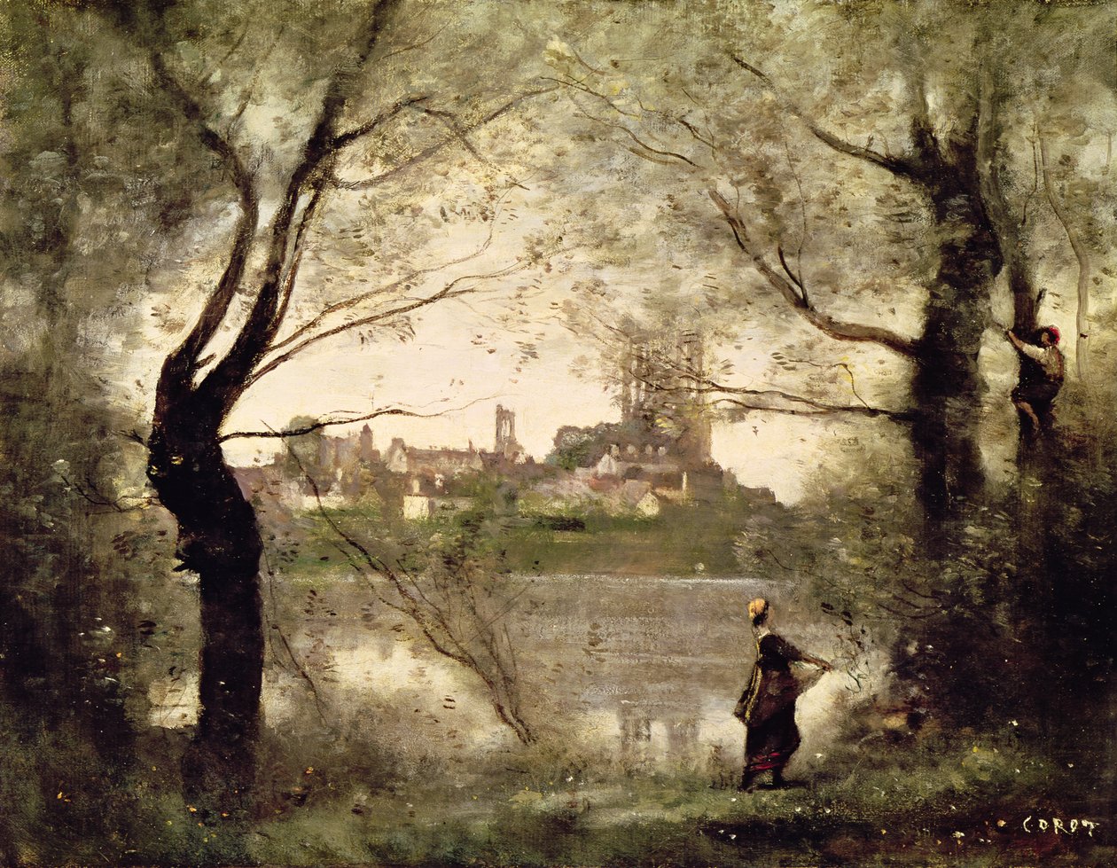 Veduta della città e della cattedrale di Mantes attraverso gli alberi, sera da Jean-Baptiste-Camille Corot