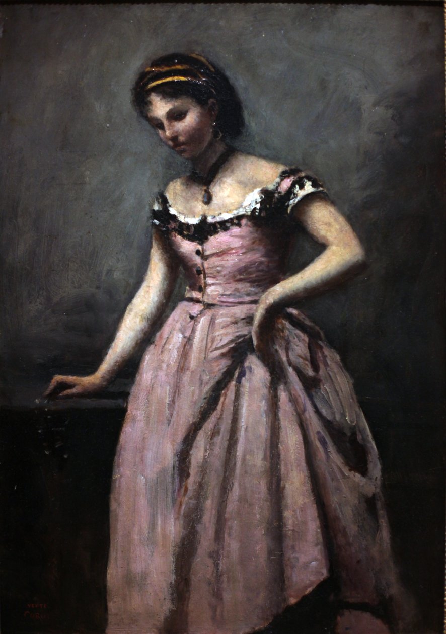 Giovane donna in abito rosa da Jean Baptiste Camille Corot