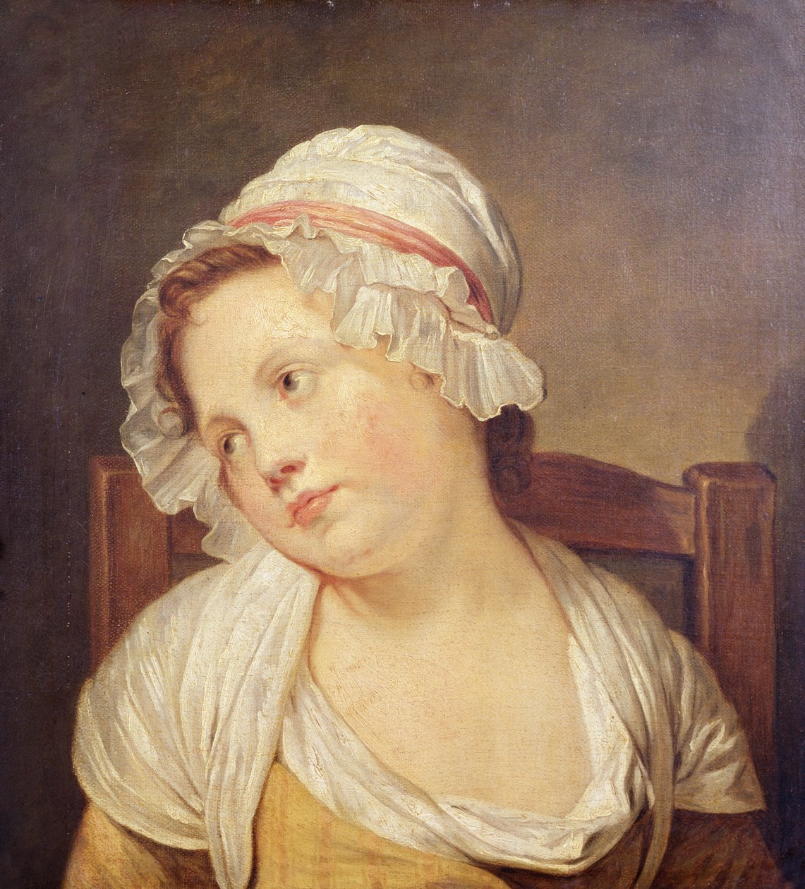 Giovane ragazza con un cappellino bianco da Jean-Baptiste Greuze