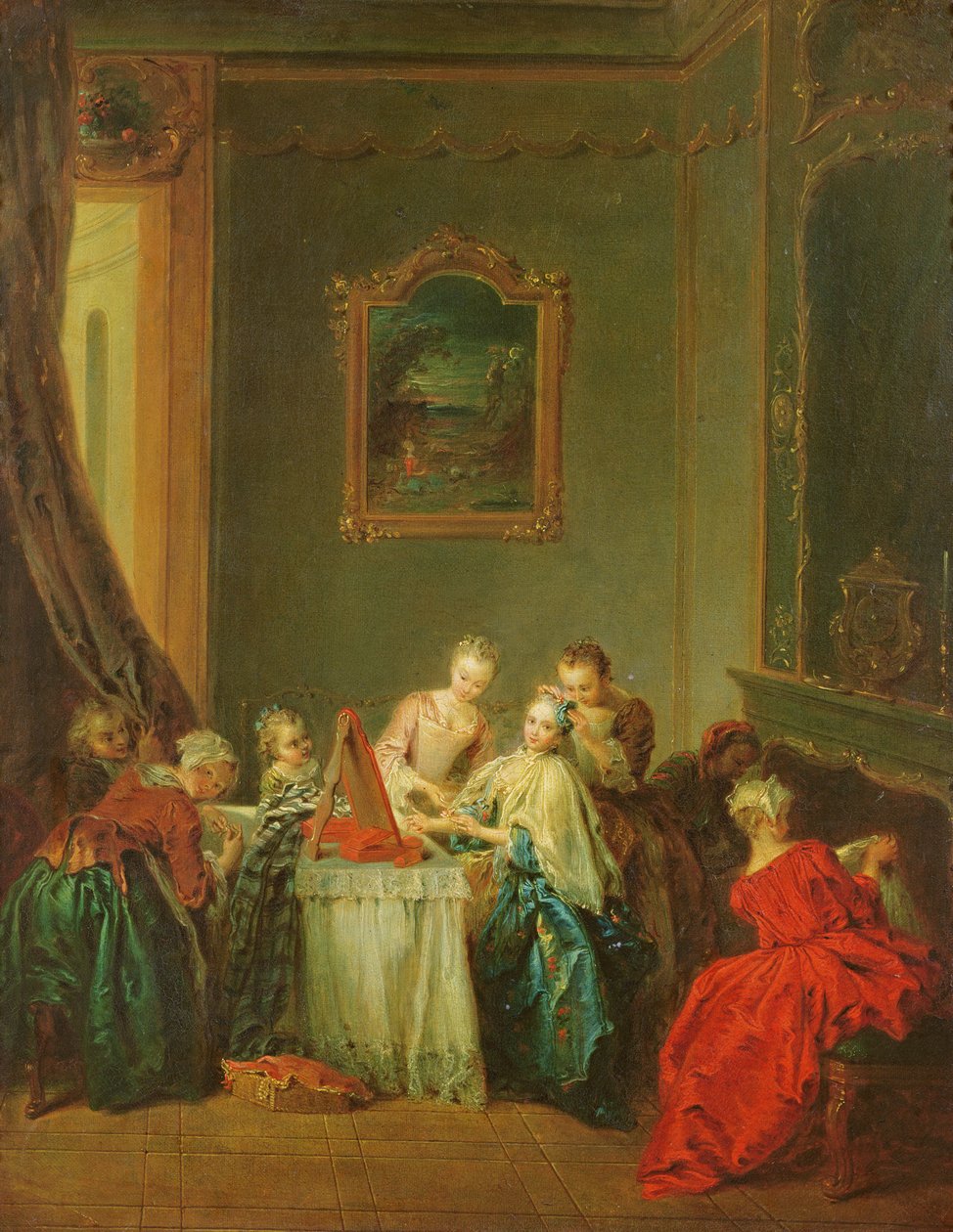 La toilette: giovane donna al suo tavolo da toeletta da Jean Baptiste Joseph Pater