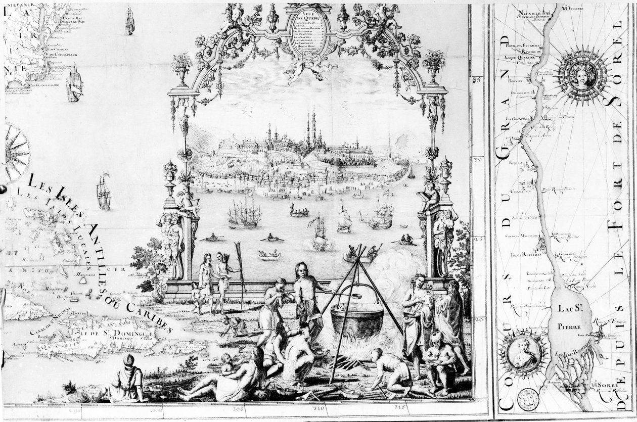 Veduta di Quebec, cartiglio di una mappa che raffigura il fiume San Lorenzo da Sorel, 1699 da Jean Baptiste Louis Franquelin