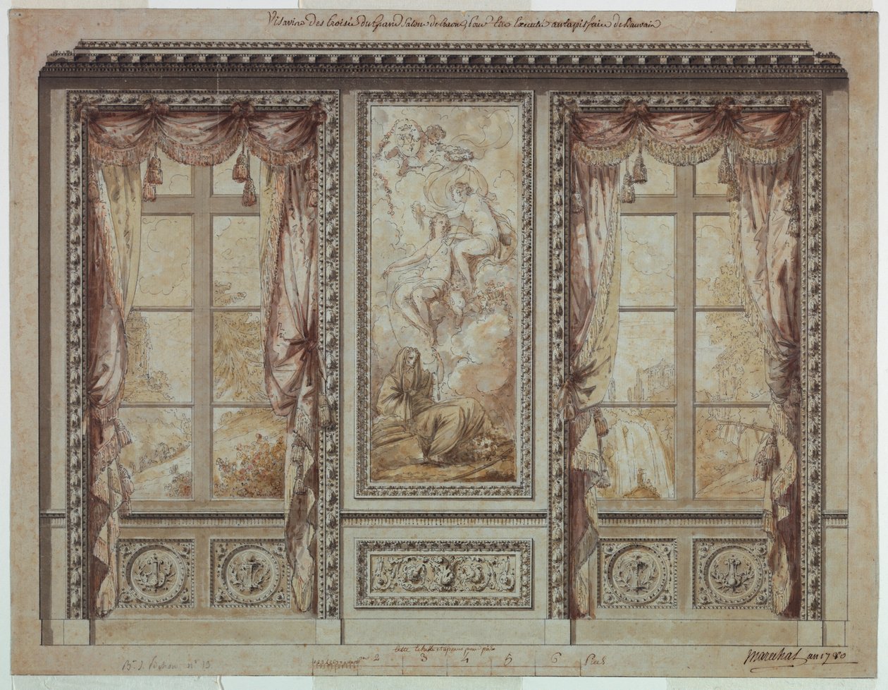 Progetto per una parete finestra con pannello arazzo da Jean Baptiste Marechal
