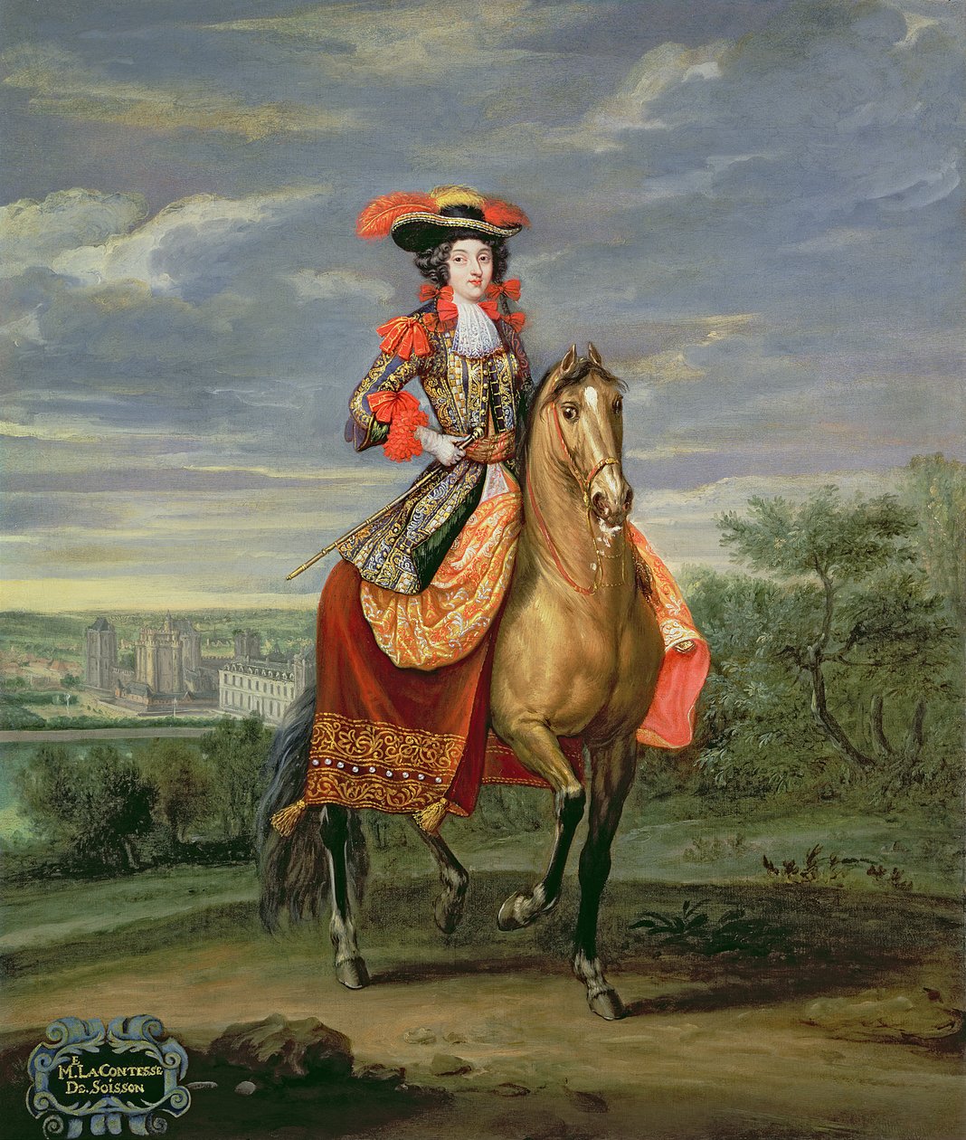 La contessa di Soissons a cavallo con vista sul castello di Vincennes da Jean Baptiste Martin