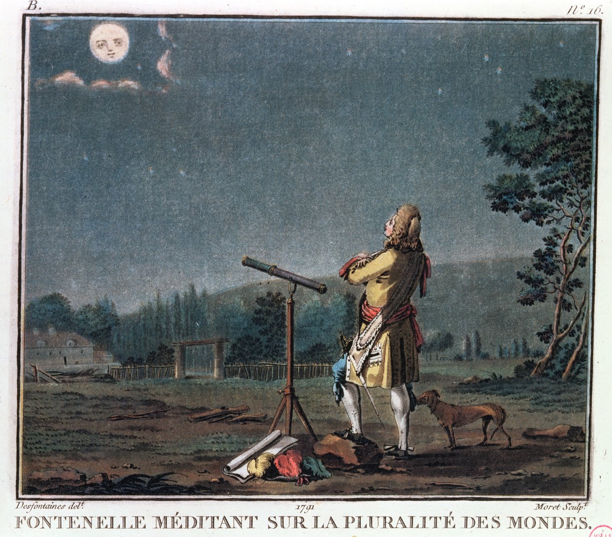 Bernard Le Bovier de Fontenelle (1657-1757) meditando sulla proliferazione dei mondi, 1791 da Jean Baptiste Morret