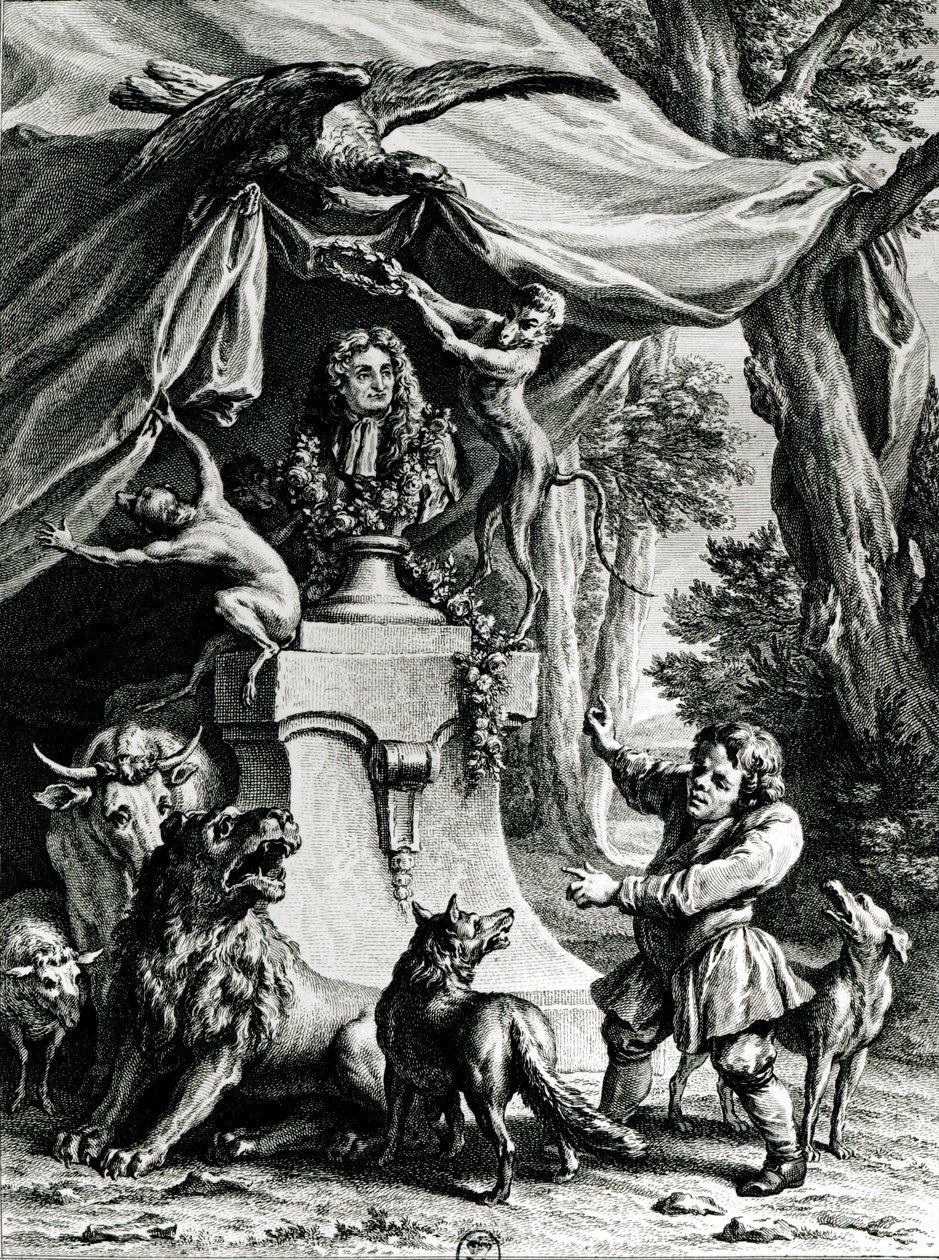 Ritratto allegorico di Jean de La Fontaine (1621-95) circondato da animali delle sue favole da Jean Baptiste Oudry