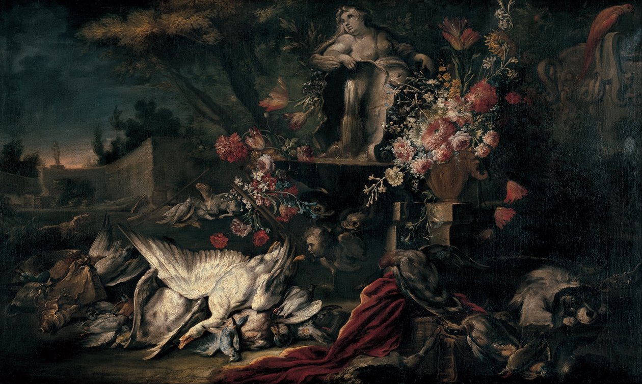 Natura morta con attrezzatura da caccia e fiori I da Jean Baptiste Oudry