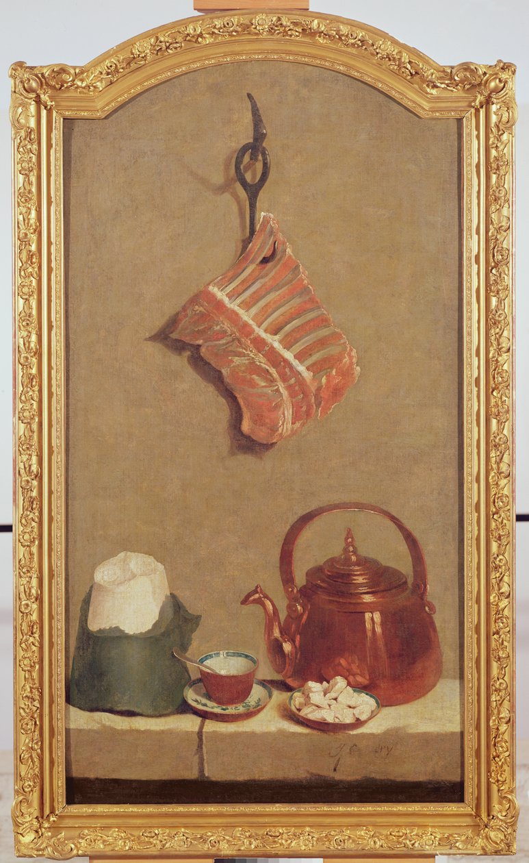 Natura morta con carne, bollitore, tazza, zucchero a forma di cono e zollette di zucchero da Jean Baptiste Oudry