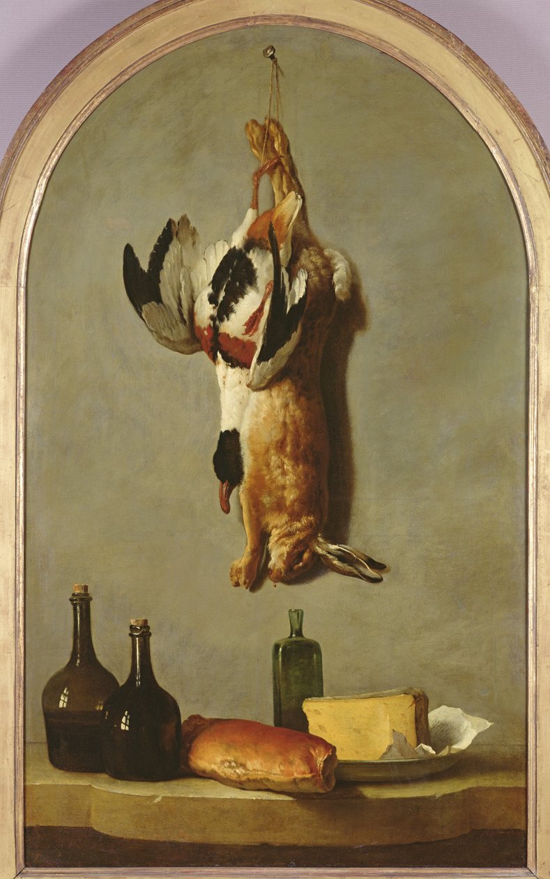 Natura morta (lepre, anatra, bottiglie, pane e formaggio), 1742 da Jean Baptiste Oudry