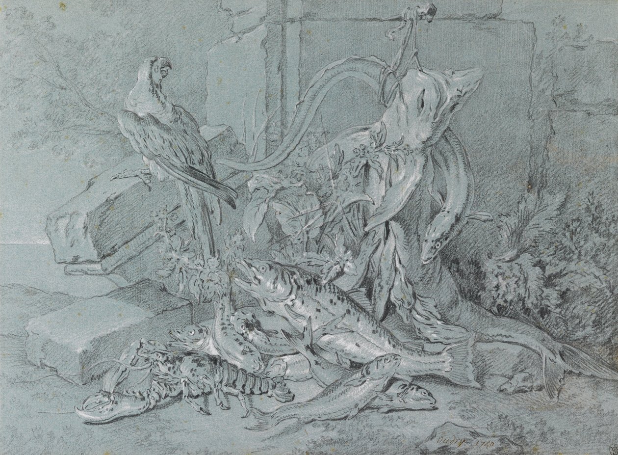 Natura morta con pesci e pappagallo da Jean Baptiste Oudry