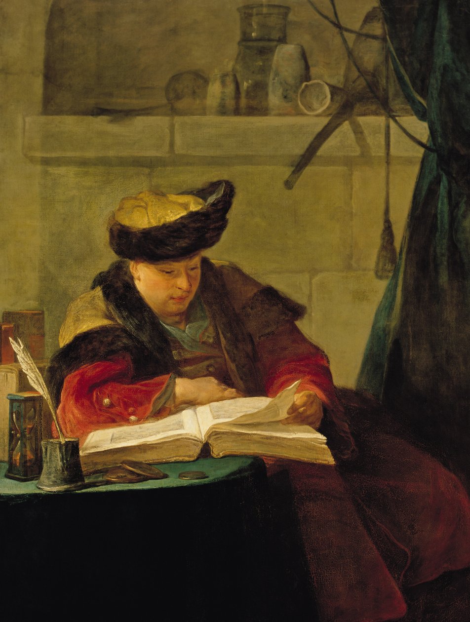 Un chimico nel suo laboratorio, o Il suggeritore, o Un filosofo che tiene una lezione (Ritratto del pittore Joseph Aved, 1734) da Jean Baptiste Simeon Chardin