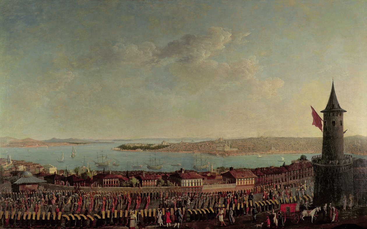 Veduta di Costantinopoli con una processione di giannizzeri che passa la Torre di Galata da Jean Baptiste Vanmour