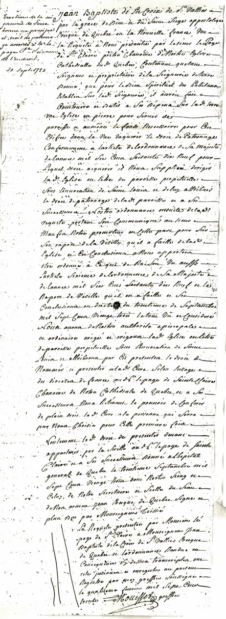 Decreto di erezione della parrocchia di Saint-Louis-de-France di Terrebonne da Jean Baptiste de La Croix