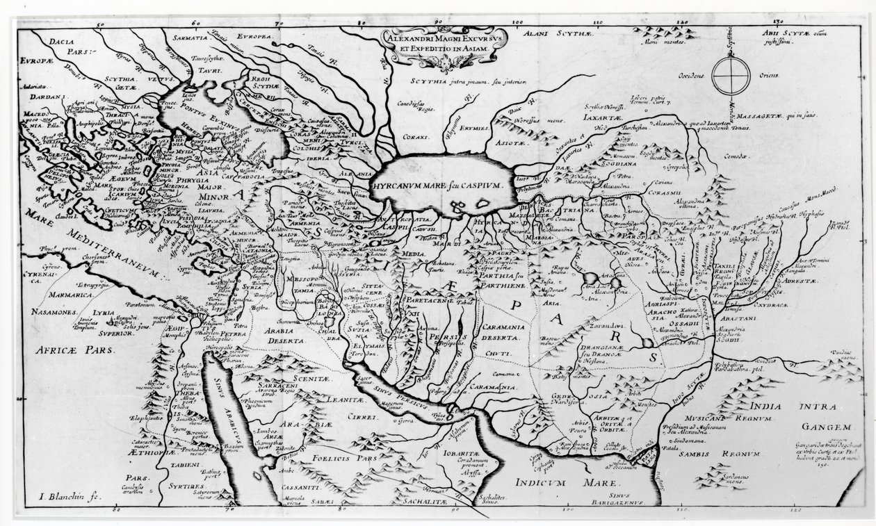 Mappa dei viaggi e delle spedizioni di Alessandro Magno (356-323 a.C.) in Asia da Jean Blanchin
