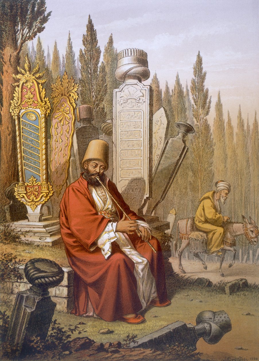 Sufi che suona il ney, seduto in un cimitero turco tra le lapidi incise, illustrazione da 