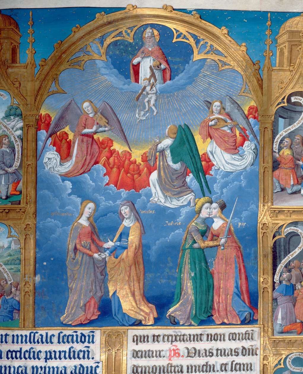 La Trinità circondata da tre angeli e sotto di loro personificazioni di Misericordia e Verità e Giustizia che abbracciano la Pace (Salmo 85), c.1475 (dettaglio) da Jean Fouquet