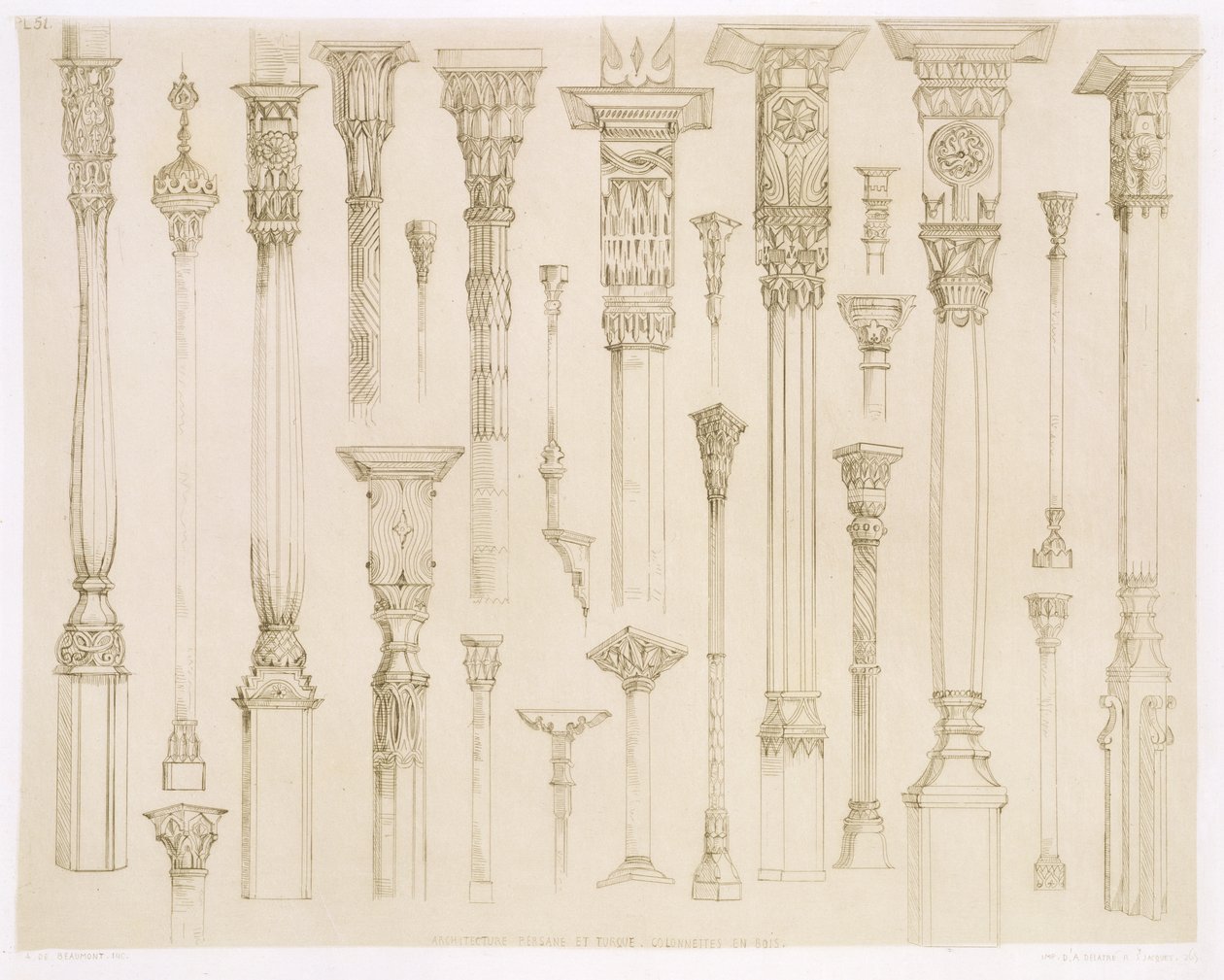 Disegni di colonne persiane e turche in legno, da 