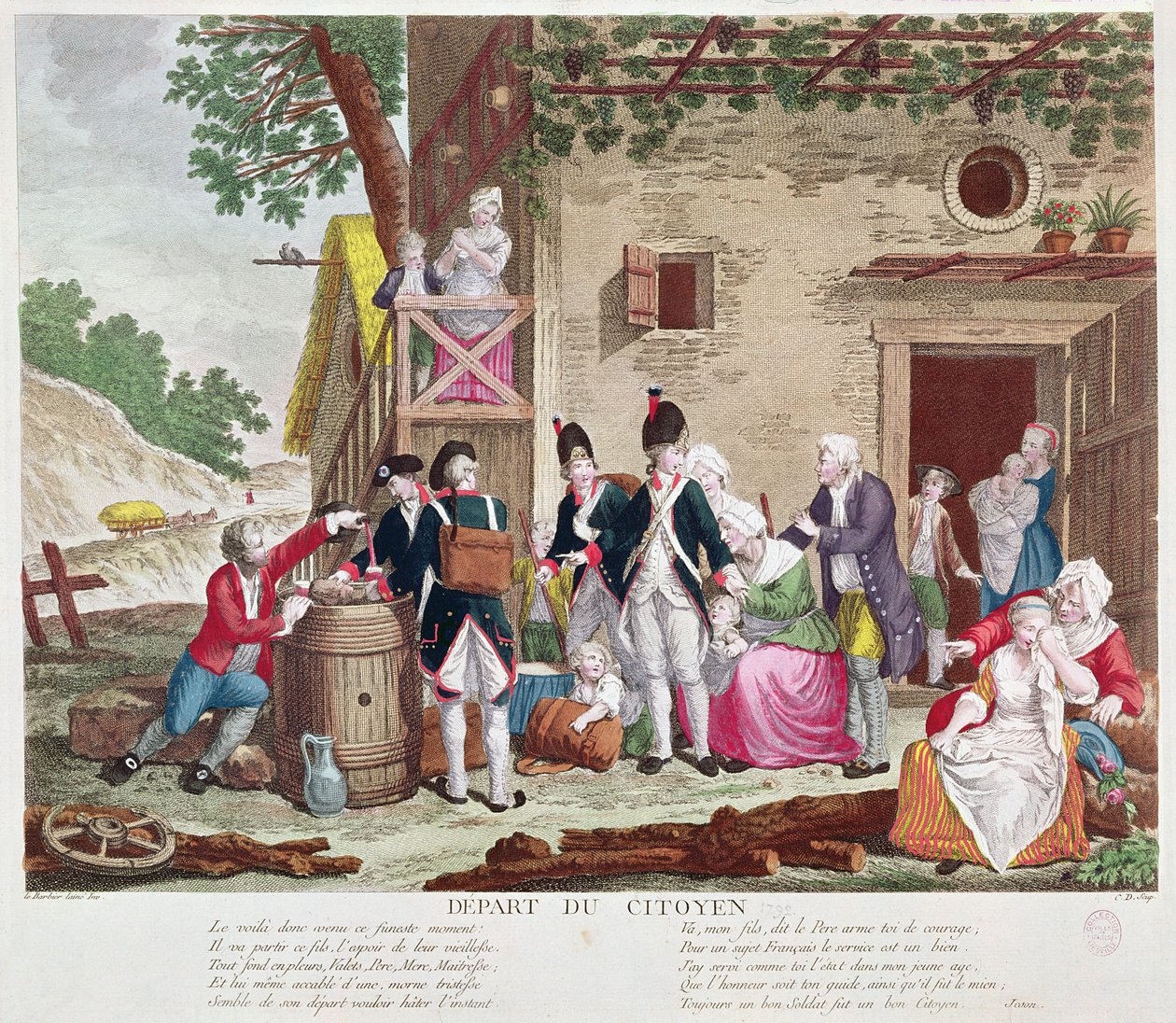 La partenza del cittadino, 1792 (incisione a colori) da Jean Jacques Francois Le Barbier