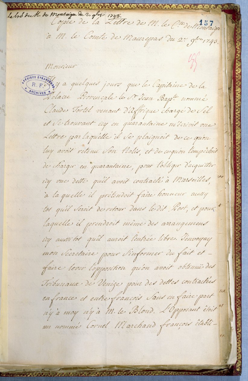 Lettera scritta da Jean-Jacques Rousseau mentre era segretario dell