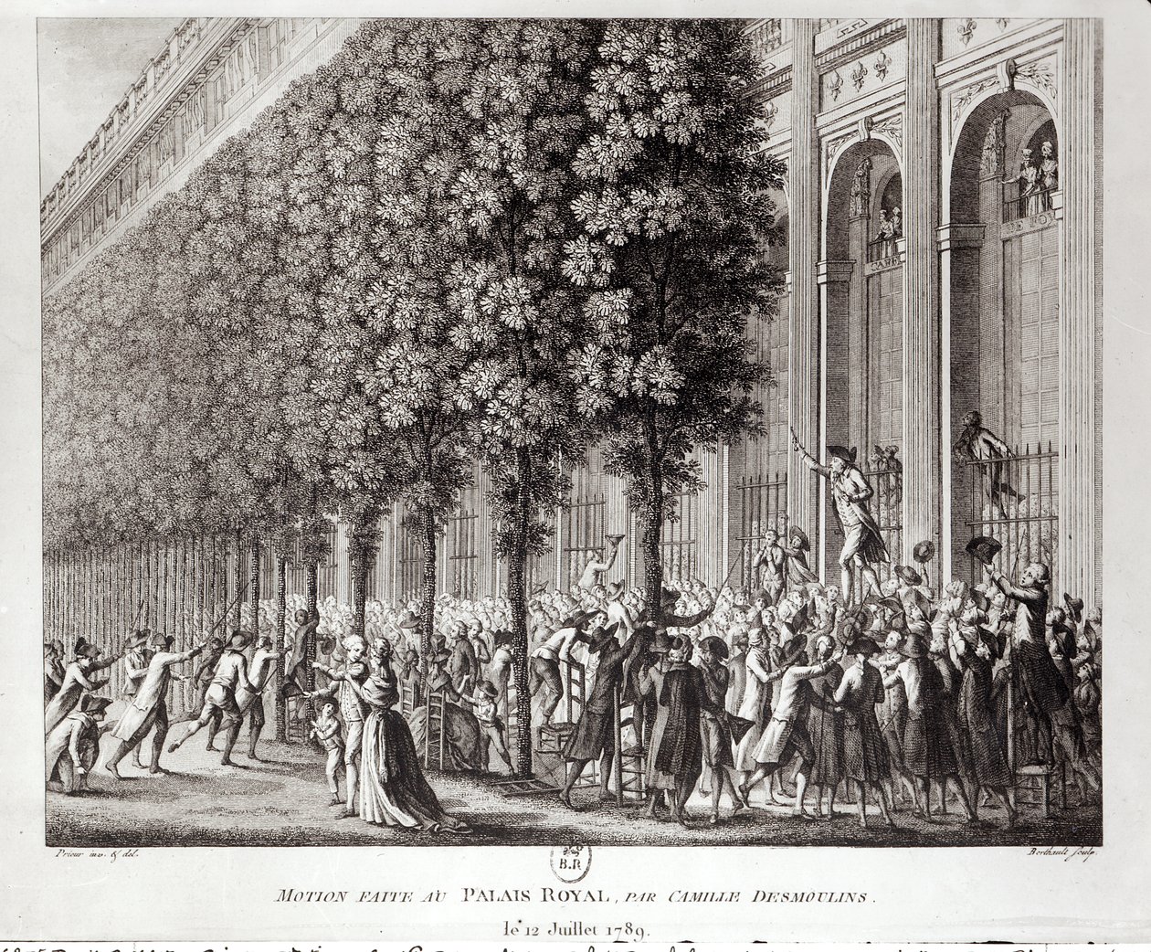 Camille Desmoulins (1760-94) che Parla al Palais Royal, 12 luglio 1789, inciso da Pierre Gabriel Berthault (1737-1831) da Jean Louis the Younger Prieur