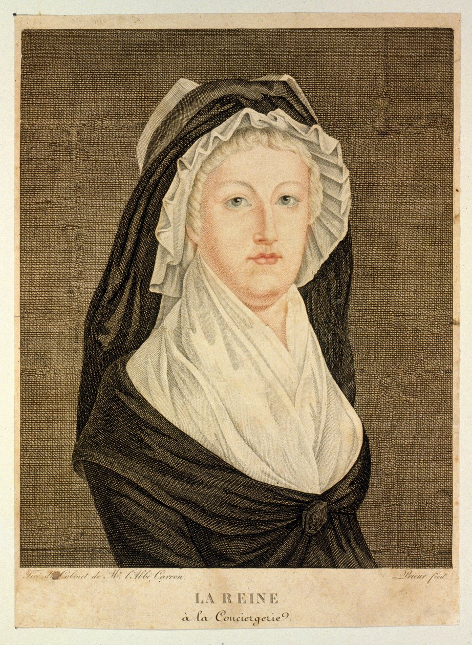 La regina in una cella della prigione alla Conciergerie, pub. 1794 da Jean Louis the Younger Prieur