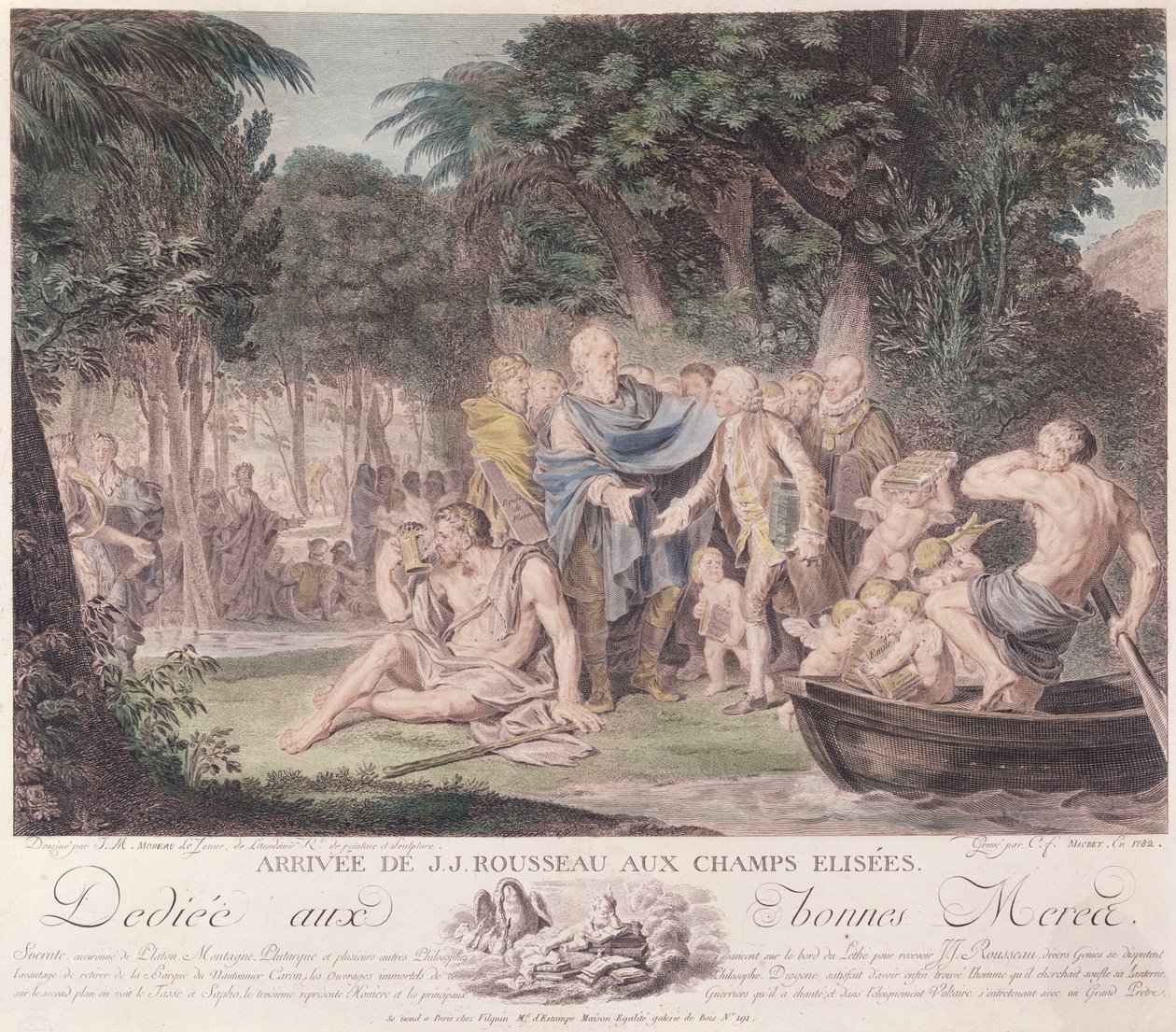 Arrivo di Jean-Jacques Rousseau (1712-78) nei Campi Elisi, 1782 da Jean Michel the Younger Moreau