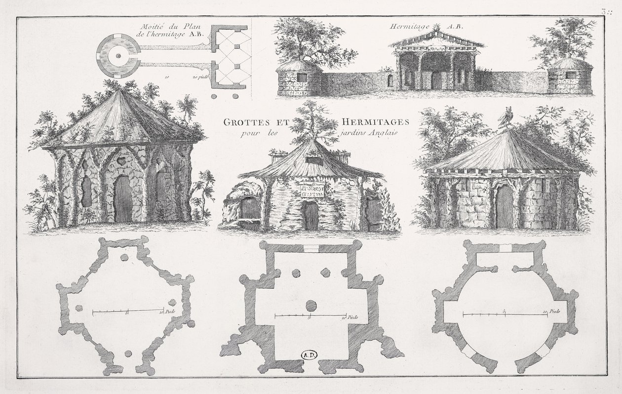Progetti per grotte ed eremitaggi nei giardini inglesi da Jean Nicolas Le Rouge