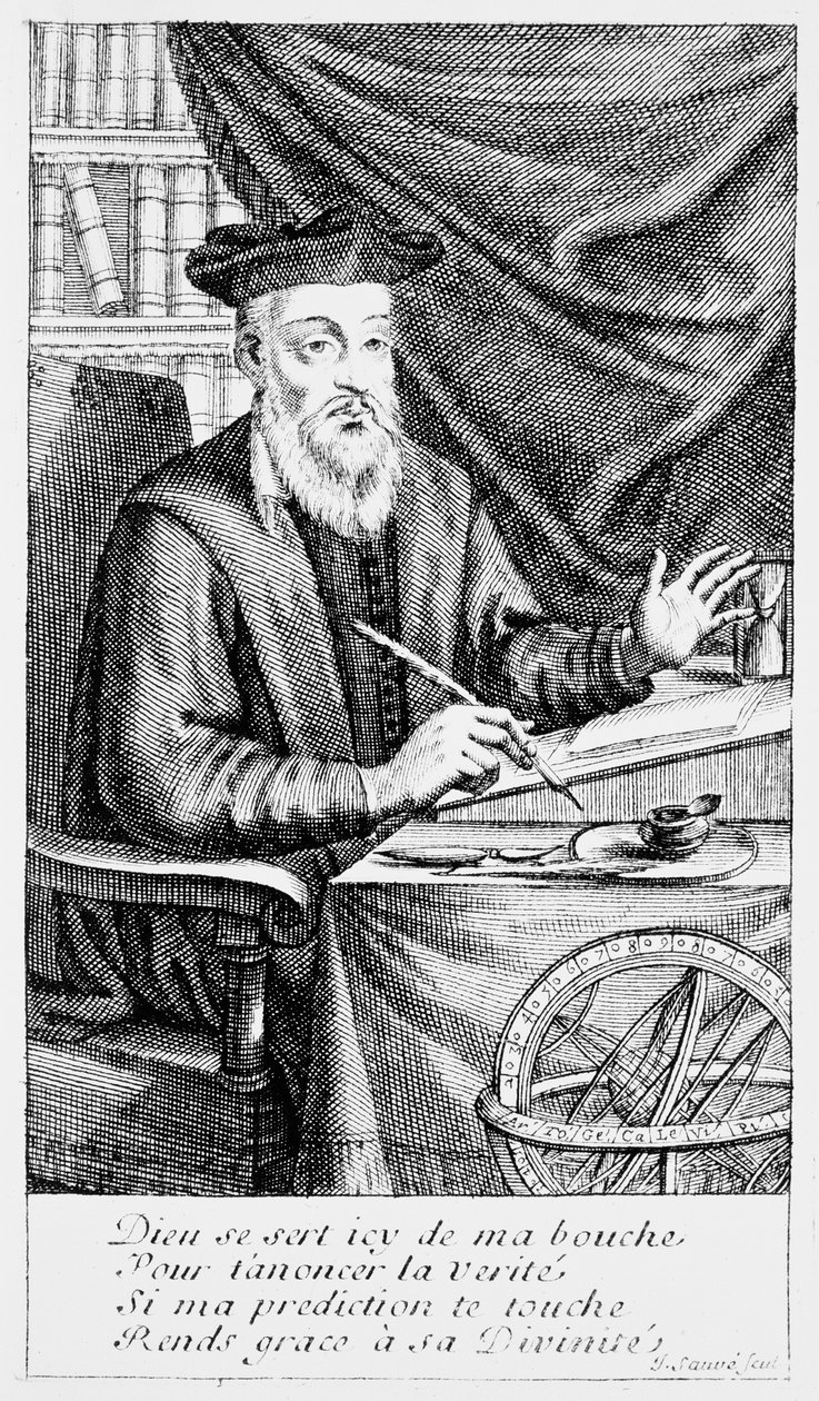 Nostradamus che scrive le sue profezie da Jean Sauvé
