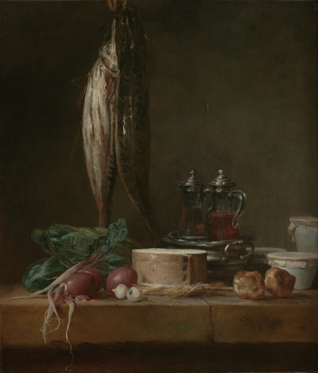 Natura morta con pesce, verdure, gougères, pentole e ampolle su un tavolo da Jean Baptiste Simeon Chardin