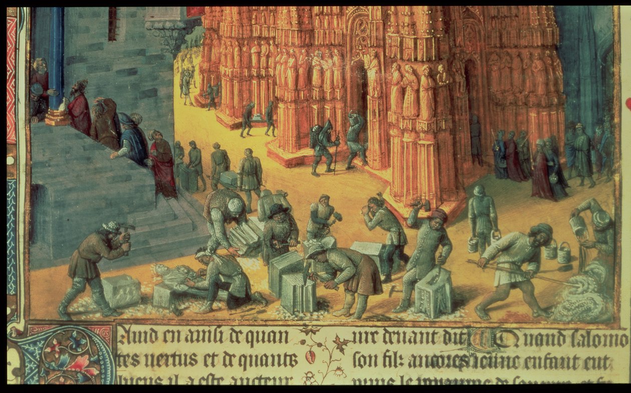 Fr 847 f.153 La Costruzione del Tempio di Gerusalemme, dettaglio che mostra i muratori al lavoro, illustrazione da 