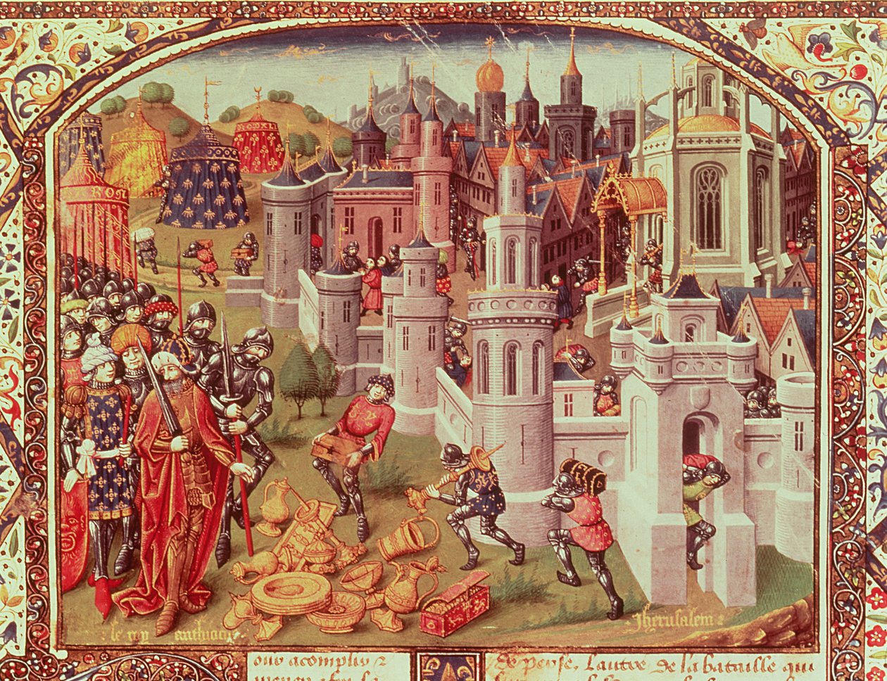 Il saccheggio di Gerusalemme dopo la cattura da parte dei cristiani nel 1099, miniatura illuminata da una cronaca universale, 1440 da Jean de Courcy