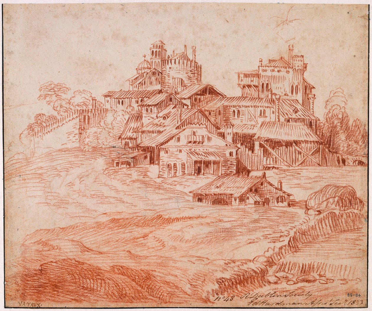 Befestigtes Dorf mit Burg, Bergfried und Kirche da Jean-Antoine Watteau