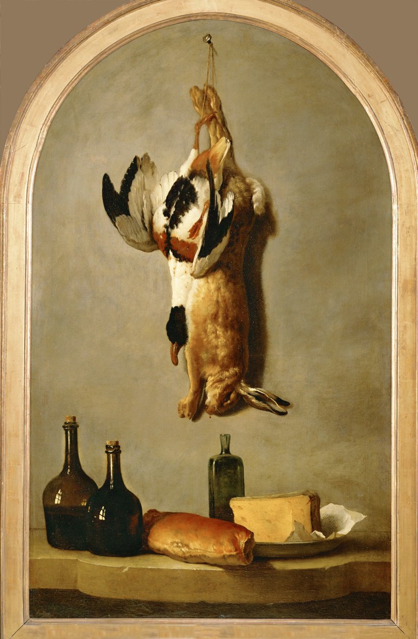 Natura morta con lepre morta, anatra, bottiglie, pane e formaggio ... da Jean Baptiste (school of) Oudry