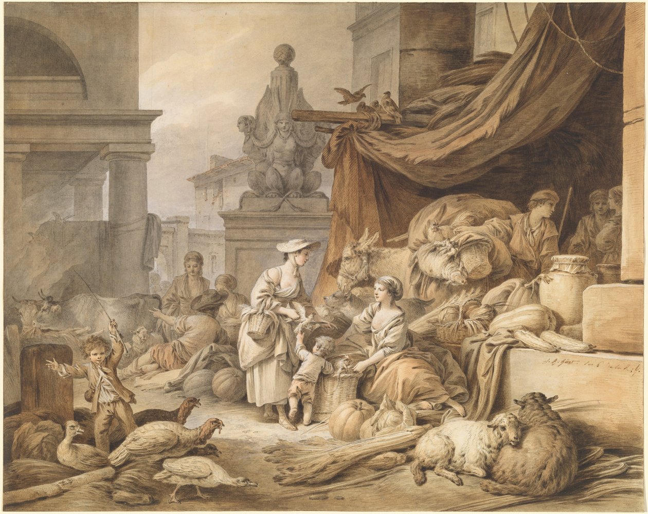 Scena di mercato con una scultura fantastica da Jean-Baptiste Huet