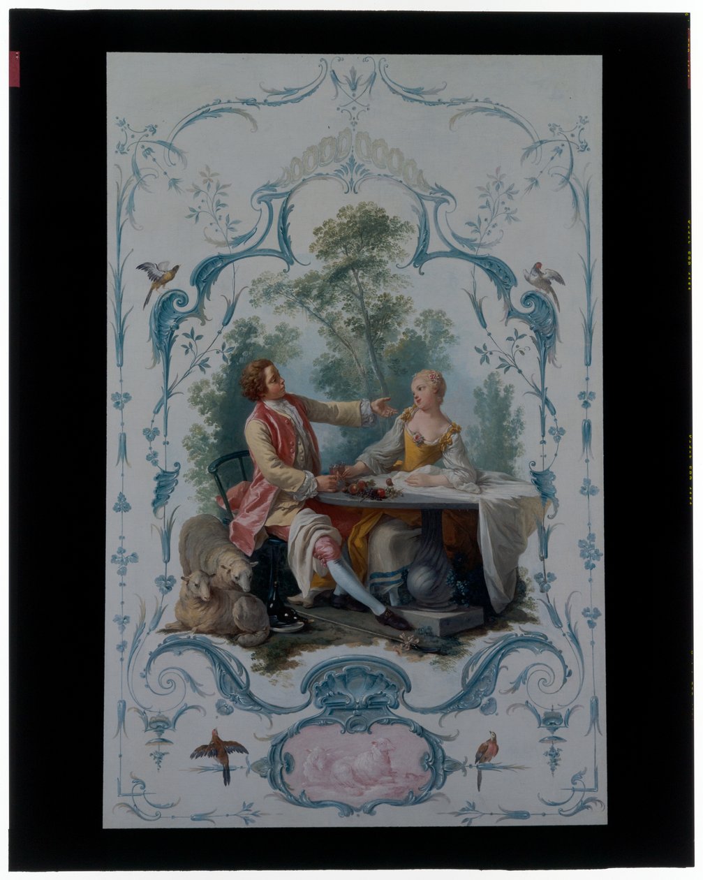 Due pannelli decorativi con coppie di amanti intitolati "Il picnic" e "Il brindisi" da Jean Baptiste Huet