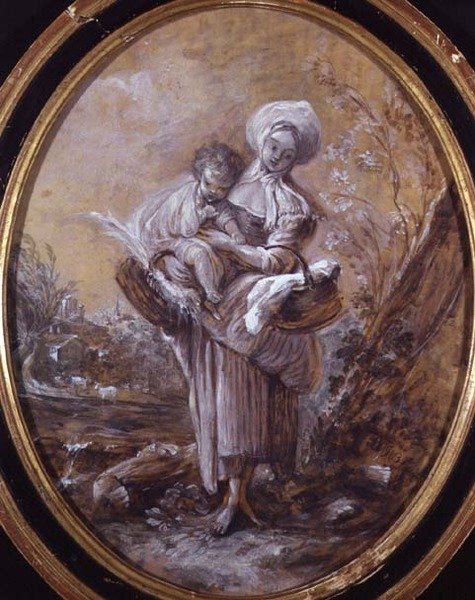 Donna con bambino in un paesaggio di campagna (disegno) da Jean Baptiste Huet