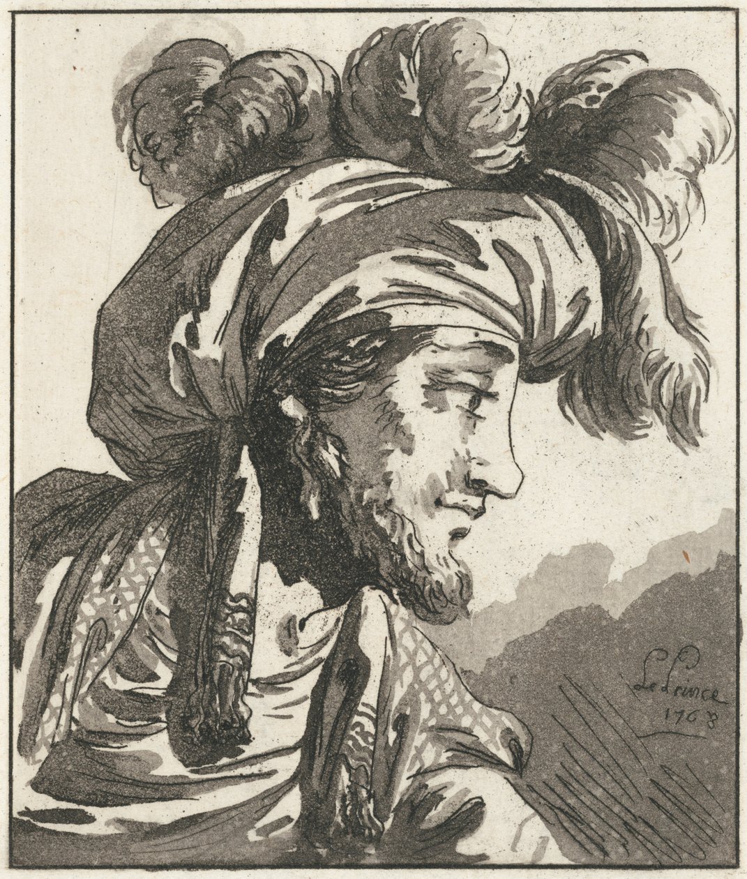 Testa di uomo con turbante senza baffi da Jean-Baptiste Le Prince