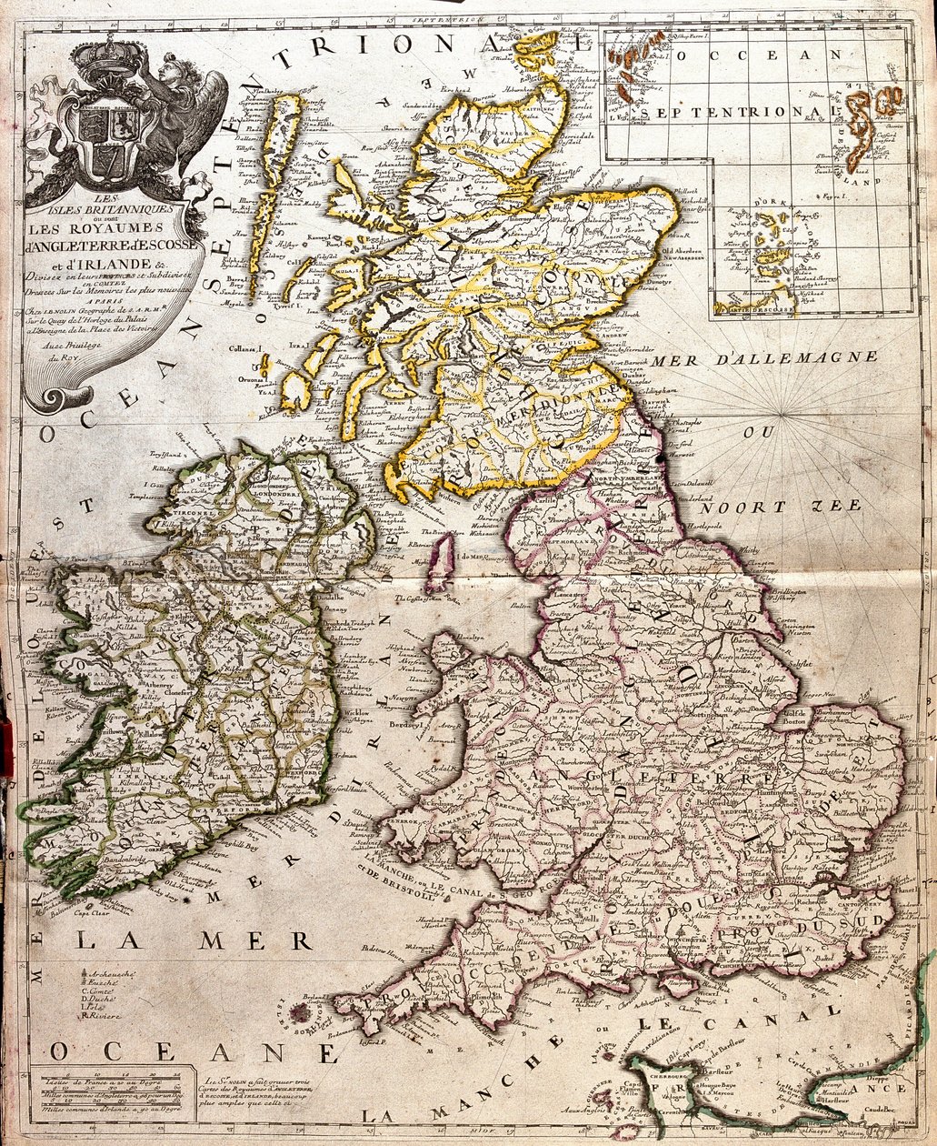 Mappa dei regni di Inghilterra, Scozia e Irlanda (Gran Bretagna) da Jean Baptiste Nolin