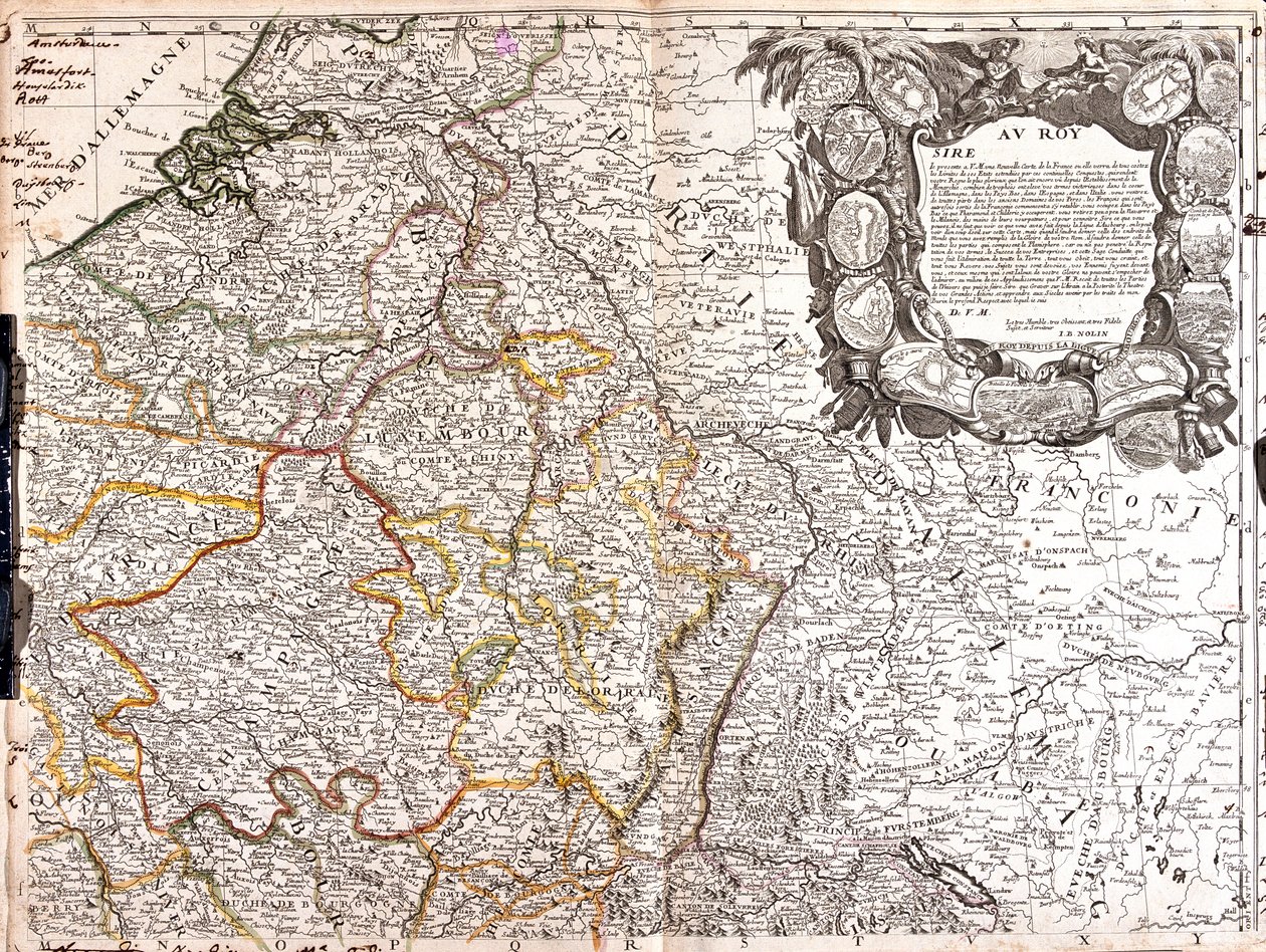 Paesi Bassi meridionali, Belgio, Francia (Regione: Nord-Pas-de-Calais, Piccardia, Île-de-France, Centro est, Borgogna nord, Fanche-Comté nord, Champagne-Ardenne, Lorena, Alsazia), Svizzera (Cantoni: Giura, Basilea-Città, Basilea-Lapd, Soletta, Argovia, Zur da Jean-Baptiste Nolin