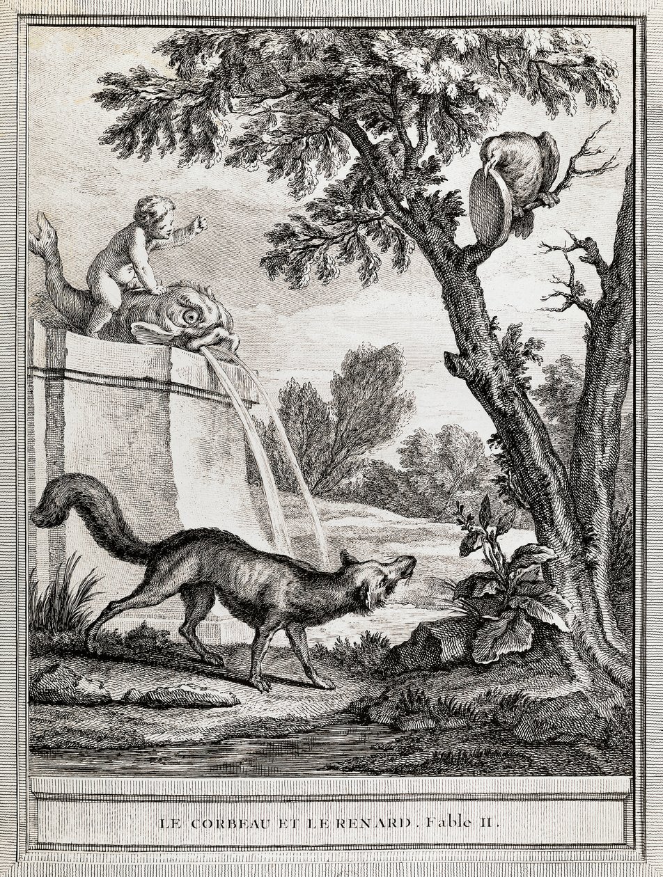 La Cornacchia e la Volpe, illustrazione di Jean-Baptiste Oudry per la favola di Jean de La Fontaine da Jean Baptiste Oudry