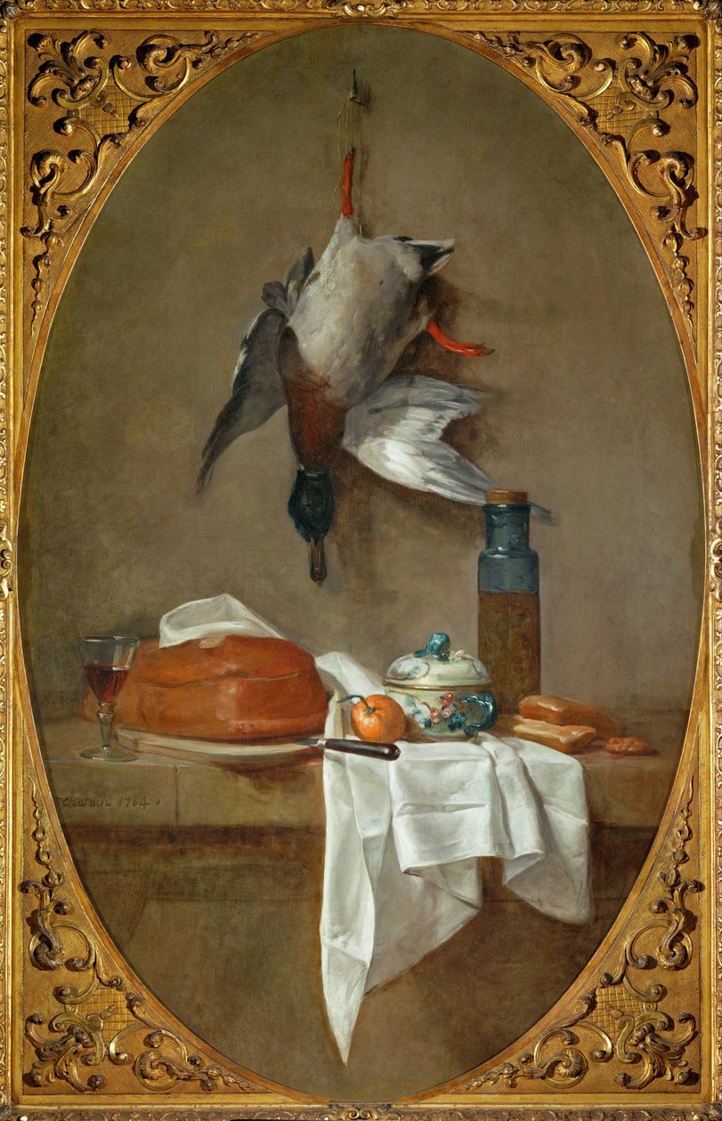 Canard moDuck appeso per una gamba, torta, ciotola e pentola con olive (dipinto su tela) da Jean-Baptiste Simeon Chardin