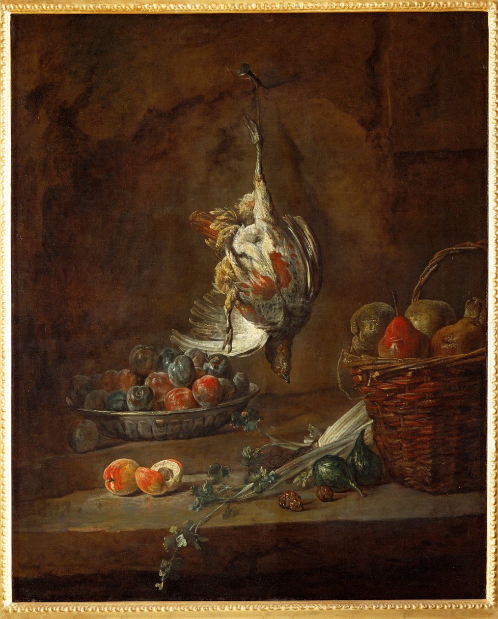 Pernice morta appesa per una zampa, ciotola con prugne e cesto con pere (dipinto su tela) da Jean-Baptiste Simeon Chardin