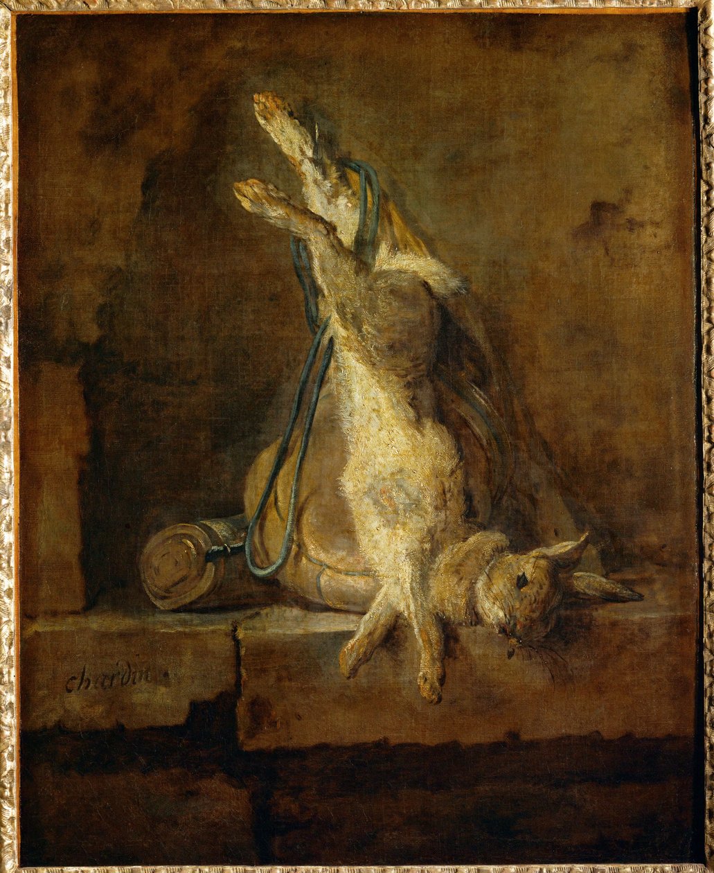 Lapin de Garenne mort avec une gibeciere et une poire a poudre - lepre morta con sacco da caccia e fiaschetta per la polvere ... da Jean Baptiste Simeon Chardin