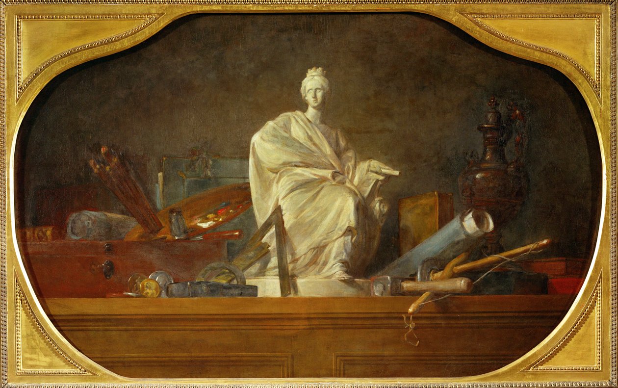 Gli attributi delle arti (Les attributs des arts), brano di accompagnamento del 40-12-16/29, uno dei tre suprapporti per lo Chateau de Choisy ... da Jean Baptiste Simeon Chardin