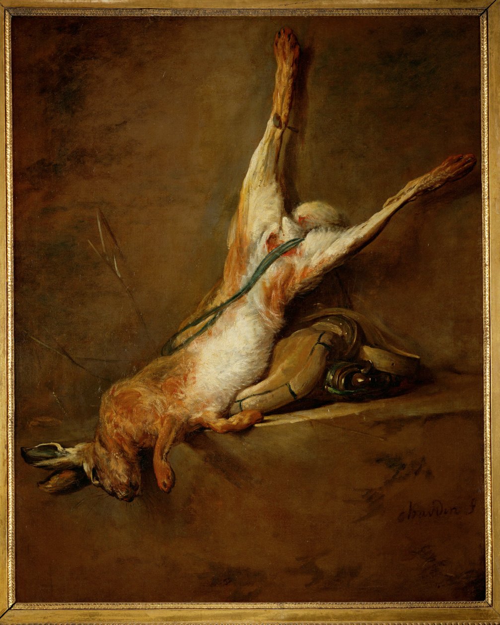 Lepre morta con fiaschetta per la polvere e selvaggina ... da Jean Baptiste Simeon Chardin
