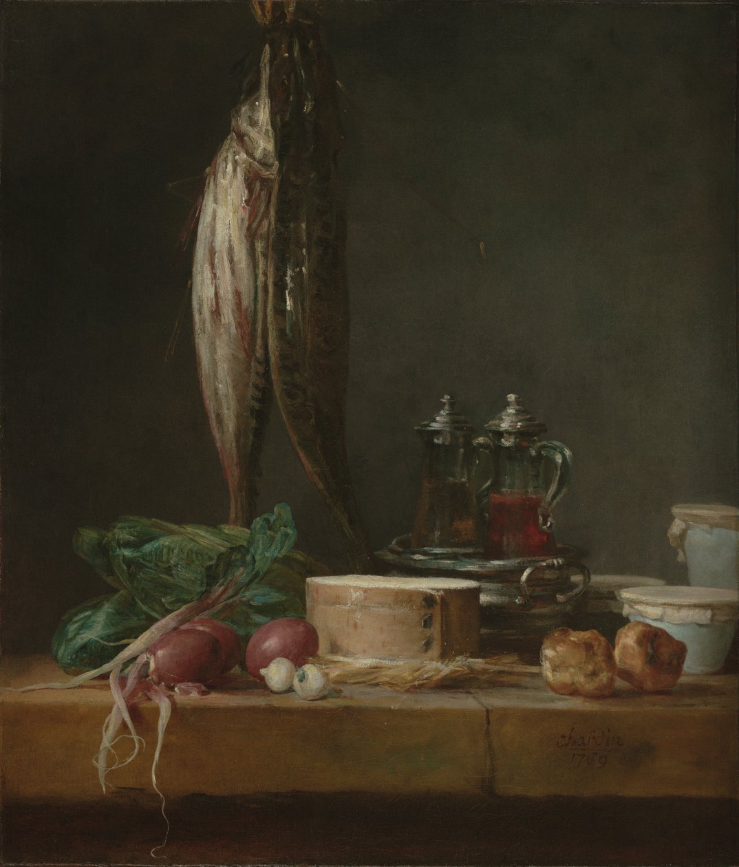 Natura morta con pesce, verdura, guazzetti, vasi e ampolle su un tavolo da Jean-Baptiste Simeon Chardin