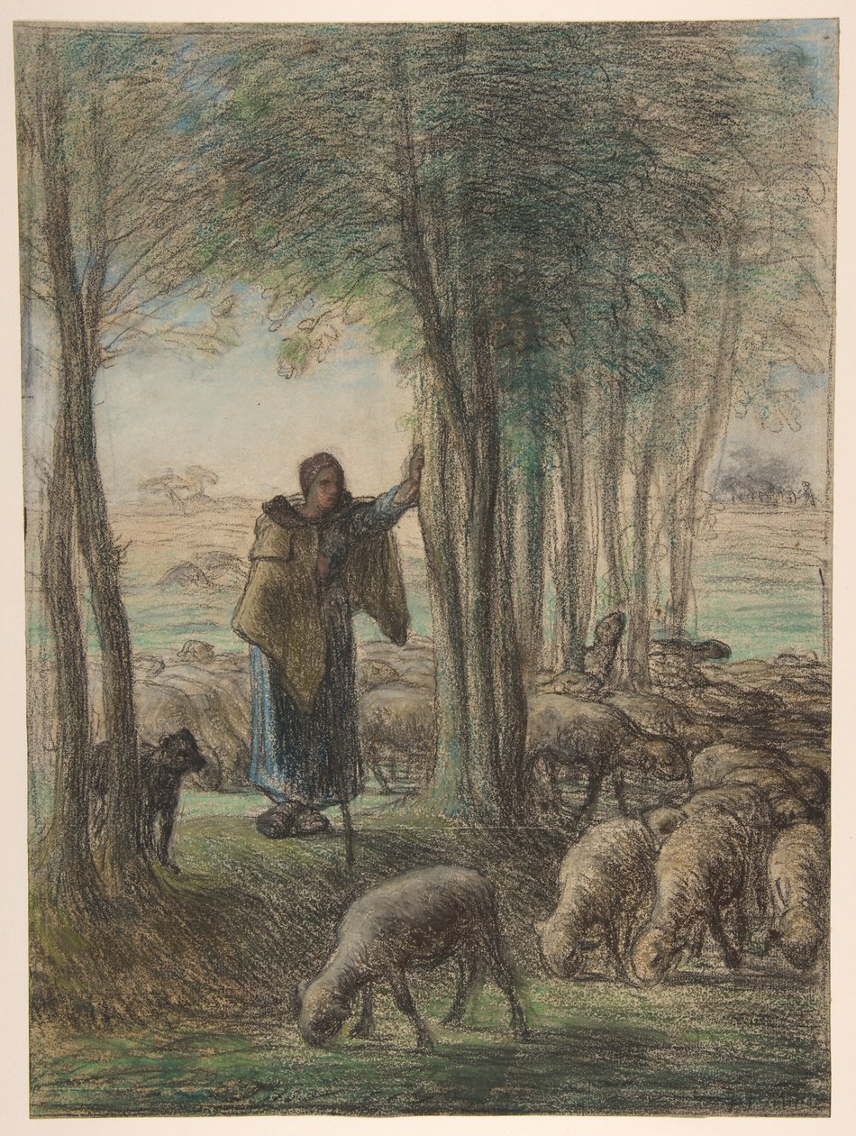 Eine Schäferin und ihre Herde im Schatten der Bäume da Jean-Francois Millet